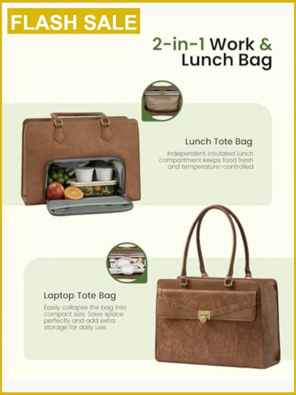 2-in-1 Laptop Lunch Bag for Women Insulated Tote with Tumbler Pocket 15.6